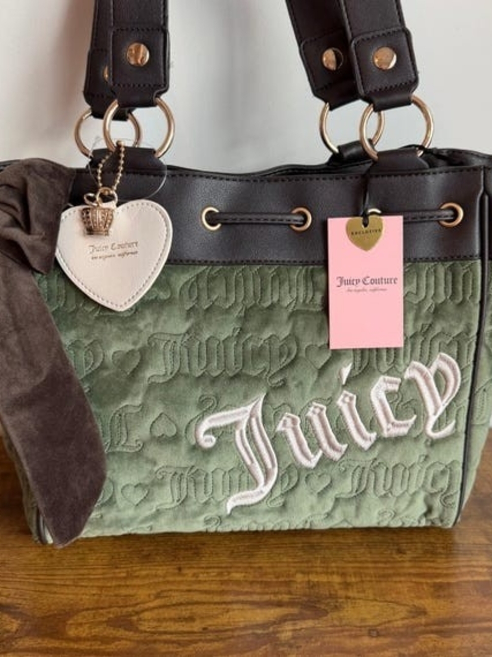 Juicy Couture Olive Green Quilted Velvet Tote with Black Trim